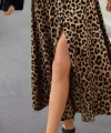 Kadın Uzun Kollu Yakalı Belden Kuşaklı Leopar Desenli Modal Uzun Elbise