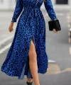 Kadın Uzun Kollu Yakalı Belden Kuşaklı Leopar Desenli Modal Uzun Elbise