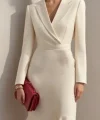 Kadın Uzun Kollu Yakalı Belden Oturtmalı Midi Ithal Krep Elbise