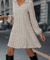 Kadın Uzun Kollu Yakalı Desenli Mini Modal Elbise