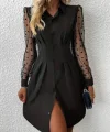 Kadın Uzun Kollu Yakalı Düğmeli Mini Ithal Krep Elbise