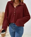 Kadın Uzun Kollu Yakalı Düğmeli Salaş Waffle Bluz