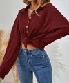 Kadın Uzun Kollu Yakalı Düğmeli Salaş Waffle Bluz