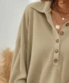 Kadın Uzun Kollu Yakalı Düğmeli Salaş Waffle Bluz