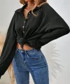 Kadın Uzun Kollu Yakalı Düğmeli Salaş Waffle Bluz