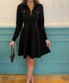 Kadın Uzun Kollu Yakalı Fermuarlı Ve Cepli Kısa Ithal Krep Kısa Elbise