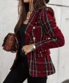 Kadın Uzun Kollu Yakalı Kare Desenli Ekoseli Düğmeli Ceket