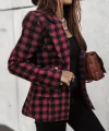 Kadın Uzun Kollu Yakalı Kare Desenli Ekoseli Düğmeli Ceket