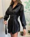 Kadın Uzun Kollu Yakalı önden Düğmeli Belden Oturtmalı Kısa Deri Elbise