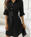 Kadın Uzun Kollu Yakalı önden Düğmeli Beli Kuşaklı Mini Ithal Keten Elbise