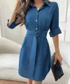 Kadın Uzun Kollu Yakalı önden Düğmeli Beli Kuşaklı Mini Ithal Keten Elbise