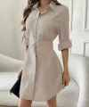 Kadın Uzun Kollu Yakalı önden Düğmeli Beli Kuşaklı Mini Ithal Keten Elbise