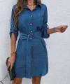 Kadın Uzun Kollu Yakalı önden Düğmeli Beli Kuşaklı Mini Ithal Keten Elbise