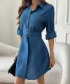 Kadın Uzun Kollu Yakalı önden Düğmeli Beli Kuşaklı Mini Ithal Keten Elbise