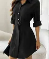 Kadın Uzun Kollu Yakalı önden Düğmeli Beli Kuşaklı Mini Ithal Keten Elbise