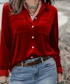 Kadın Uzun Kollu Yakalı önden Düğmeli Cep Detaylı Kadife Gömlek