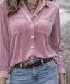 Kadın Uzun Kollu Yakalı önden Düğmeli Cep Detaylı Kadife Gömlek