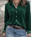 Kadın Uzun Kollu Yakalı önden Düğmeli Cep Detaylı Kadife Gömlek