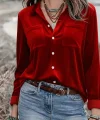 Kadın Uzun Kollu Yakalı önden Düğmeli Cep Detaylı Kadife Gömlek
