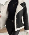 Kadın Uzun Kollu Yakalı önden Düğmeli Cep Detaylı Süet Ceket