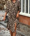 Kadın Uzun Kollu Yakalı önden Düğmeli Leopar Desenli Modal Midi Elbise
