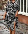 Kadın Uzun Kollu Yakalı önden Düğmeli Leopar Desenli Modal Midi Elbise