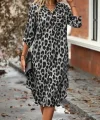 Kadın Uzun Kollu Yakalı önden Düğmeli Leopar Desenli Modal Midi Elbise