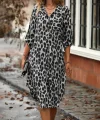 Kadın Uzun Kollu Yakalı önden Düğmeli Leopar Desenli Modal Midi Elbise