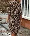 Kadın Uzun Kollu Yakalı önden Düğmeli Leopar Desenli Modal Midi Elbise