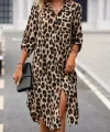 Kadın Uzun Kollu Yakalı önden Düğmeli Leopar Desenli Modal Midi Elbise