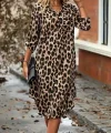 Kadın Uzun Kollu Yakalı önden Düğmeli Leopar Desenli Modal Midi Elbise