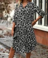 Kadın Uzun Kollu Yakalı önden Düğmeli Leopar Desenli Modal Midi Elbise