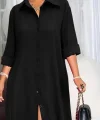 Kadın Uzun Kollu Yakalı önden Düğmeli Uzun Dokuma Elbise