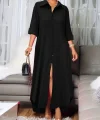 Kadın Uzun Kollu Yakalı önden Düğmeli Uzun Dokuma Elbise