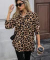 Kadın Uzun Kollu Yakalı önden Düğmeli Yandan Bağcıklı Leopar Desenli Modal Bluz