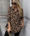 Kadın Uzun Kollu Yakalı önden Düğmeli Yandan Bağcıklı Leopar Desenli Modal Bluz