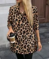 Kadın Uzun Kollu Yakalı önden Düğmeli Yandan Bağcıklı Leopar Desenli Modal Bluz