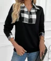 Kadın Uzun Kollu Yakalı önden Fermuarlı Ekose Detaylı Viskon Iki Iplik Bluz