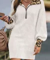 Kadın Uzun Kollu Yakalı önden Fermuarlı Leopar Detaylı Mini Peluş Elbise