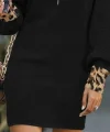 Kadın Uzun Kollu Yakalı önden Fermuarlı Leopar Detaylı Mini Peluş Elbise