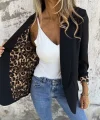 Kadın Uzun Kollu Yakalı önü Açık Leopar Desen Detaylı Astarlı Atlas Ceket