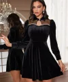 Kadın Uzun Kollu Yakalı Tül Detaylı Incili Mini Kadife Elbise