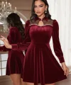 Kadın Uzun Kollu Yakalı Tül Detaylı Incili Mini Kadife Elbise