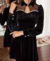 Kadın Uzun Kollu Yakalı Tül Detaylı Incili Mini Kadife Elbise