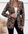 Kadın Uzun Kollu Yakalı Vatkalı Detaylı Leopar Desenli önden Düğmeli Atlas Ceket