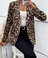 Kadın Uzun Kollu Yakalı Vatkalı Detaylı Leopar Desenli önden Düğmeli Atlas Ceket