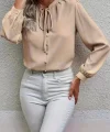 Kadın Uzun Kollu Yakalı Yakadan Bağcıklı Düğmeli Sandy Bluz