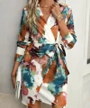 Kadın Uzun Kollu Yakalı Yandan Bağlamalı Mini Desenli Modal Elbise