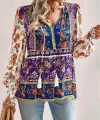 Kadın Uzun Kollu Yakası Açık Bağcıklı çiçek Desenli Salaş Bluz