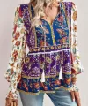 Kadın Uzun Kollu Yakası Açık Bağcıklı çiçek Desenli Salaş Bluz